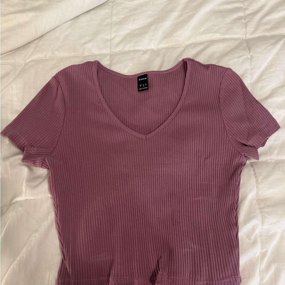 SHEIN Ribbed V-Neck Short Sleeve Top - Dusty Rose